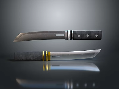 Two Tactical Knives With Black Handles Silver Blades And Gold Accents 3d model