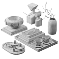Modern Minimalist Decorative Ornament Set With Marble Geometric Pieces Glass Vase And Tray