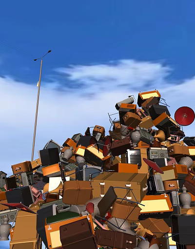 Upcycled Electronic Waste Decorative Ornament Combination With Vintage Items Stacked Against Blue Sky 3d model