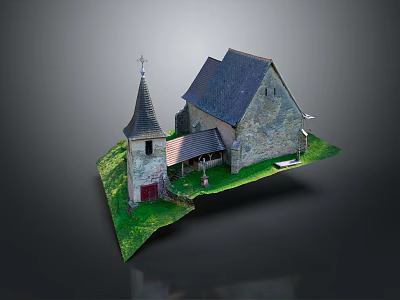 Traditional Stone Church Building With Spire Cross Dark Roof And Green Grass 3d model