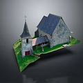 Traditional Stone Church Building With Spire Cross Dark Roof And Green Grass