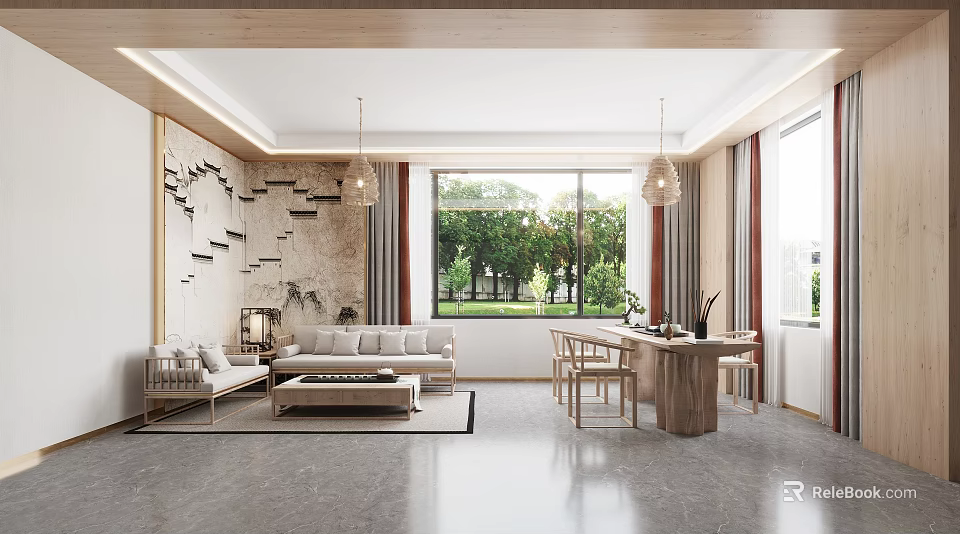 Modern Teahouse Interior With Sofa Dining Table And Big Windows 3d model