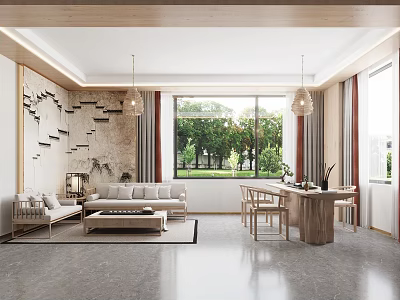 Modern Teahouse Interior With Sofa Dining Table And Big Windows 3d model