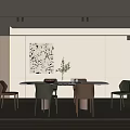 Modern Restaurant Interior With Round Dining Table Various Colored Chairs And Abstract Wall Art