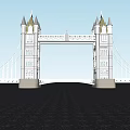 Iconic Scenic Landscape Bridge Featuring Tall Towers Spires Spanning Calm Water Blue Sky And Hills