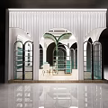 Elegant Storefront Design With White Striped Canopy Arched Entrance Green Marble Wall And Counter