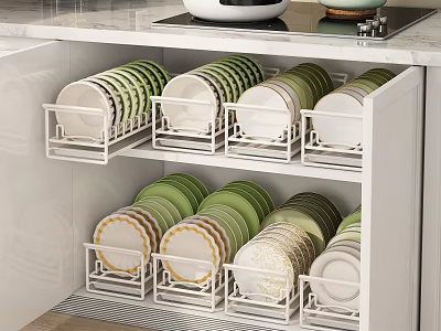 Dish Set Organizer Rack With Multiple Tiers In Kitchen Cabinet 3d model