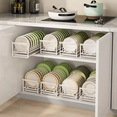 Dish Set Organizer Rack With Multiple Tiers In Kitchen Cabinet 3d model