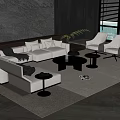Modern White Sofa Coffee Table Set with Armchairs Stone Textured Wall and Green Plant