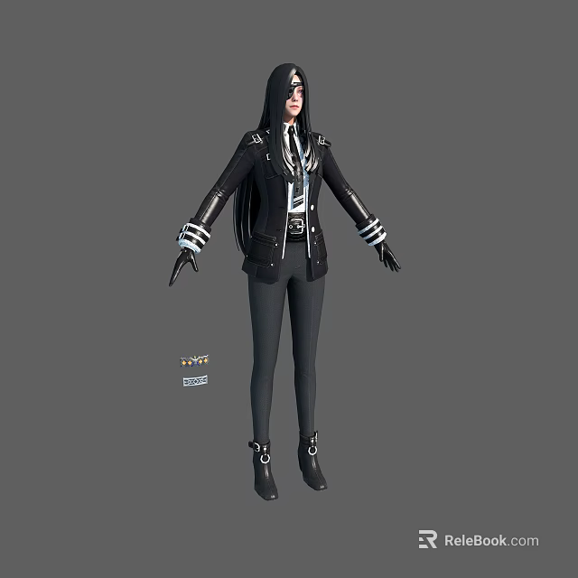 Stylish woman with long black hair wearing black coat pants and glasses 3d model 