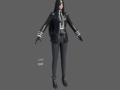 Stylish woman with long black hair wearing black coat pants and glasses 3d model