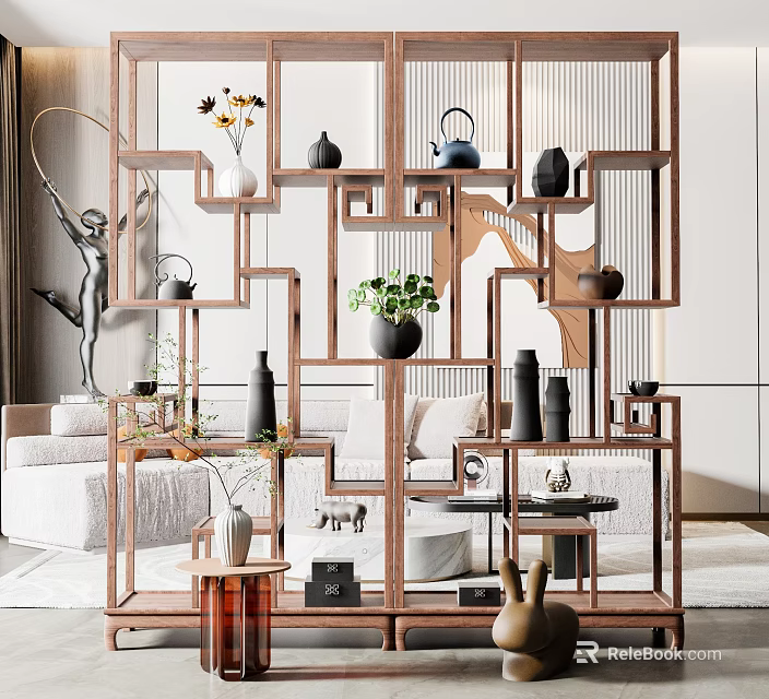 Elegant Wooden Display Shelf With Vases Teapot Green Plants And Sculptures In Contemporary Interior 3d model 