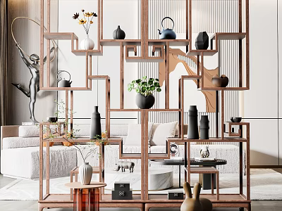 Elegant Wooden Display Shelf With Vases Teapot Green Plants And Sculptures In Contemporary Interior 3d model