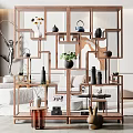 Elegant Wooden Display Shelf With Vases Teapot Green Plants And Sculptures In Contemporary Interior