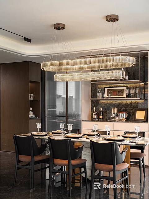 Modern Restaurant Interior With Crystal Chandeliers Dining Table Tableware Wine Glasses And Open Bar 3d model 