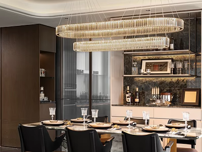 Modern Restaurant Interior With Crystal Chandeliers Dining Table Tableware Wine Glasses And Open Bar 3d model