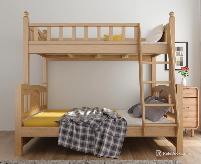 Wooden Bunk Bed Featuring Yellow Mattress Plaid Blanket Gray Pillows Ladder And Nightstand 3d model 