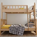 Wooden Bunk Bed Featuring Yellow Mattress Plaid Blanket Gray Pillows Ladder And Nightstand