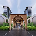 Modern Building Exterior With Curved Arches Water Feature Sculpture In Open Plaza High Rise Background
