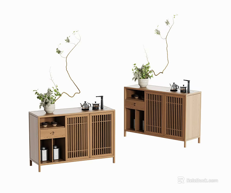 Minimalist Wooden Storage Cabinet With Potted Plants And Tea Sets Decoration 3d model 