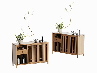 Minimalist Wooden Storage Cabinet With Potted Plants And Tea Sets Decoration 3d model