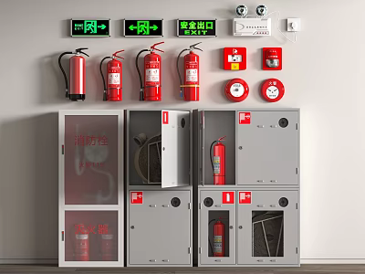 Indoor Fire Safety Equipment With Red Fire Extinguishers Gray Storage Cabinets And Emergency Exit Signs 3d model