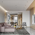 Modern Living Dining Room Interior With Gray Wall Brown Sofa And Round Coffee Table