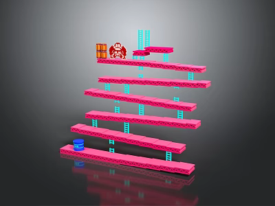 Game Character On Pink Platform Level With Blue Ladders Boxes And Barrels 3d model