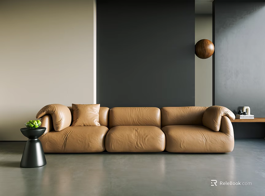 Modern Tan Leather Three Seater Sofa With Small Black Side Table And Green Plants 3d model 