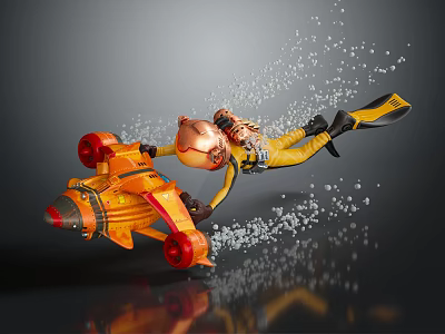 Woman in Yellow Diving Suit With Copper Helmet Orange Jetpack Splashing White Particles Dark Background 3d model