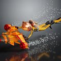 Woman in Yellow Diving Suit With Copper Helmet Orange Jetpack Splashing White Particles Dark Background