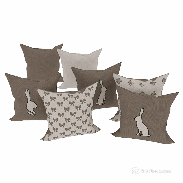 Brown And Beige Throw Pillows With Rabbit Patterns And Floral Designs For Home Decor 3d model 