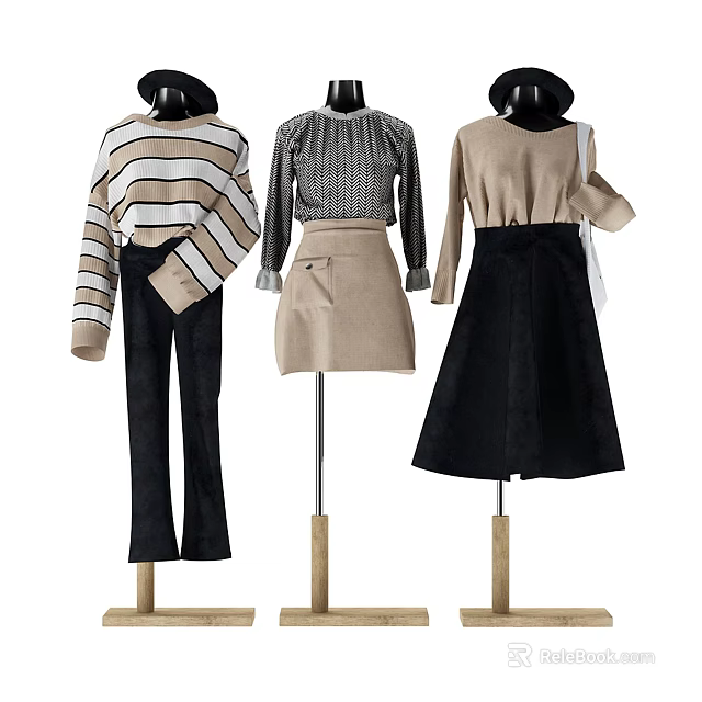Fashionable Mannequins Displaying Striped Sweater Black Pants Gray Knitwear Beige Skirt And Black Skirt Outfits 3d model 