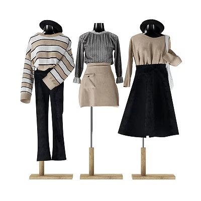 Fashionable Mannequins Displaying Striped Sweater Black Pants Gray Knitwear Beige Skirt And Black Skirt Outfits 3d model