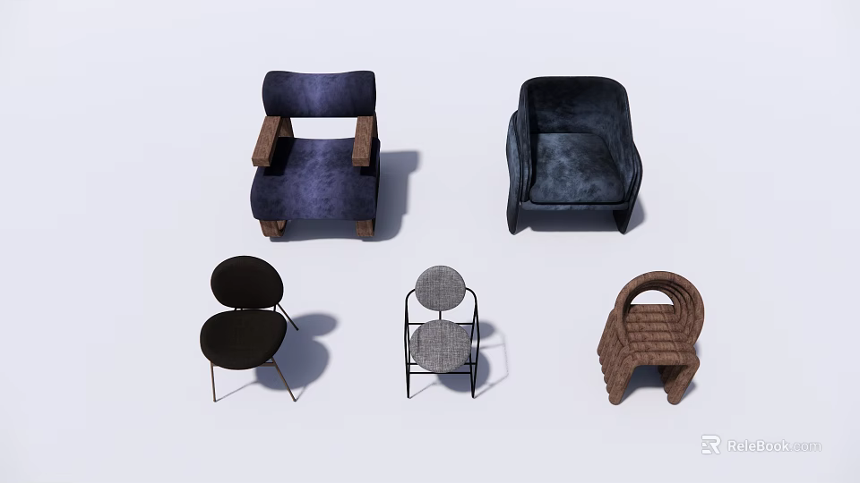 Various Stylish Accent Chairs Featuring Upholstered Woven and Metal Frame Designs 3d model 