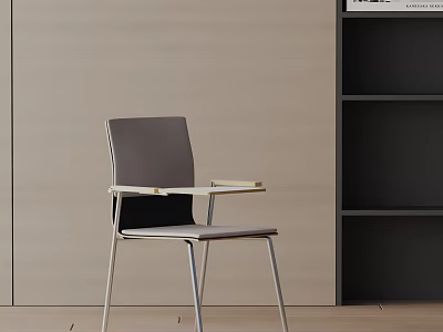 Modern Gray Office Chair With Metal Legs And Upholstered Backrest Near Black Bookshelf 3d model