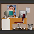 Office Cubicle Furniture Setup With Wooden Desk Red Chair And Filing Cabinet