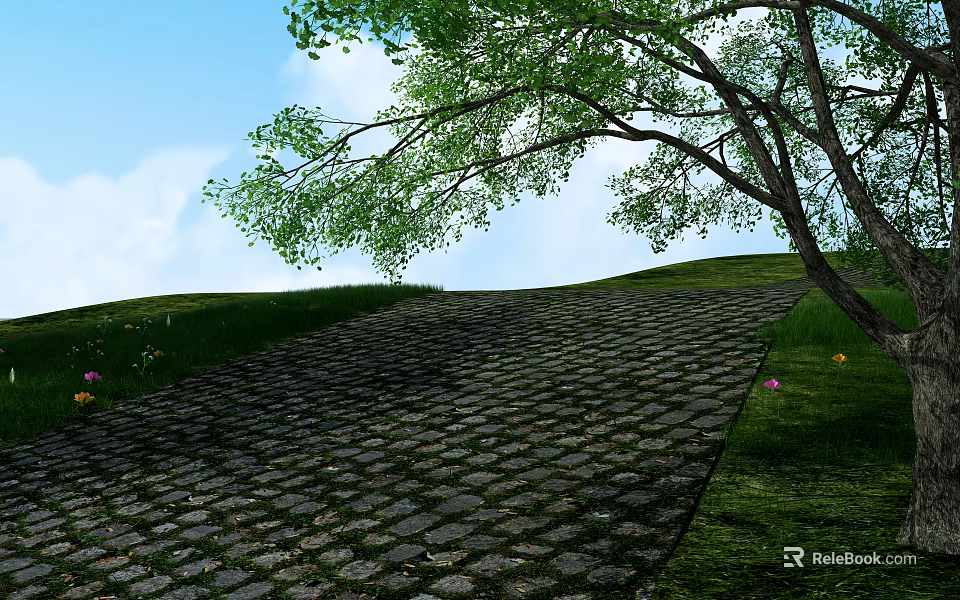 Scenic Cobblestone Road with Green Grass Trees Blue Sky White Clouds and Small Flowers 3d model 
