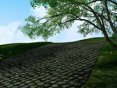 Scenic Cobblestone Road with Green Grass Trees Blue Sky White Clouds and Small Flowers 3d model