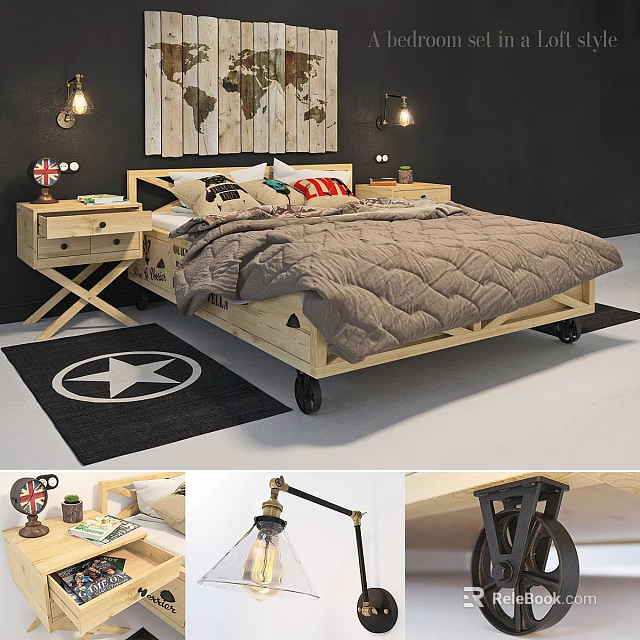 Wooden Bed Frame With Wheels Nightstand And Star Rug For Modern Bedroom 3d model 