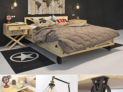 Wooden Bed Frame With Wheels Nightstand And Star Rug For Modern Bedroom 3d model