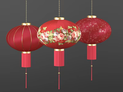 Red Lantern Decoration Set with Floral Pattern and Gold Trim for Hanging Festive Home Decor 3d model