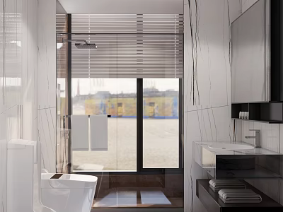 Modern Bathroom Interior Design With Large Window Shower Area And Marble Tile Vanity 3d model