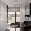 Modern Bathroom Interior Design With Large Window Shower Area And Marble Tile Vanity