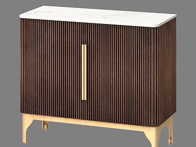 Entryway Cabinet Sideboard With Dark Wood Vertical Slat Design Gold Handle And White Marble Top 3d model