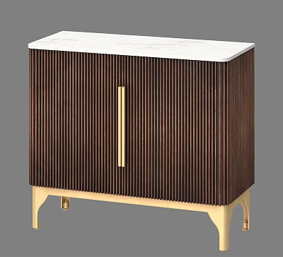 Entryway Cabinet Sideboard With Dark Wood Vertical Slat Design Gold Handle And White Marble Top 3d model