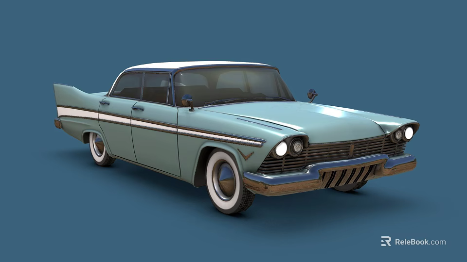 Light Blue Vintage Classic Car With White Roof Streamlined Design And Chrome Accents 3d model 
