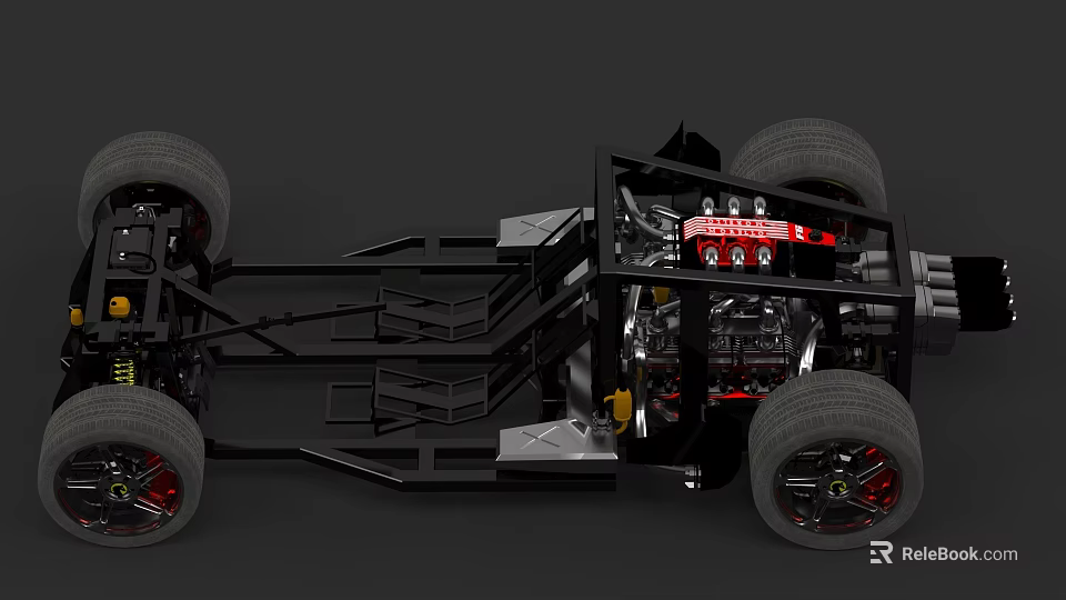 Car Chassis Structure With Suspension System And Black Wheels 3d model 
