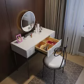 White Dressing Table with Round Mirror Cosmetics Pink Frame and Black Chair on Geometric Rug