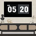 Modern Black TV Stand with Decorative Statue Deer Figurine Vase and Potted Plant in Living Room Interior